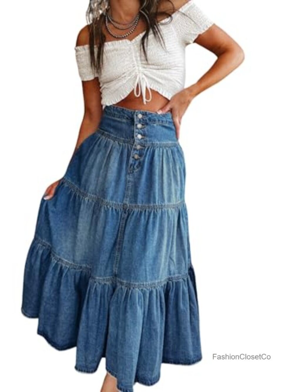 High Waist Long Denim Skirt with Pockets Button-Fly Ruffle Swing A-Line Maxi